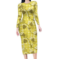 Anthurium Pikake Ti Leaf Palaka Long Sleeve Bodycon Dress Yellow Version LT01 Long Dress Yellow - Polynesian Pride