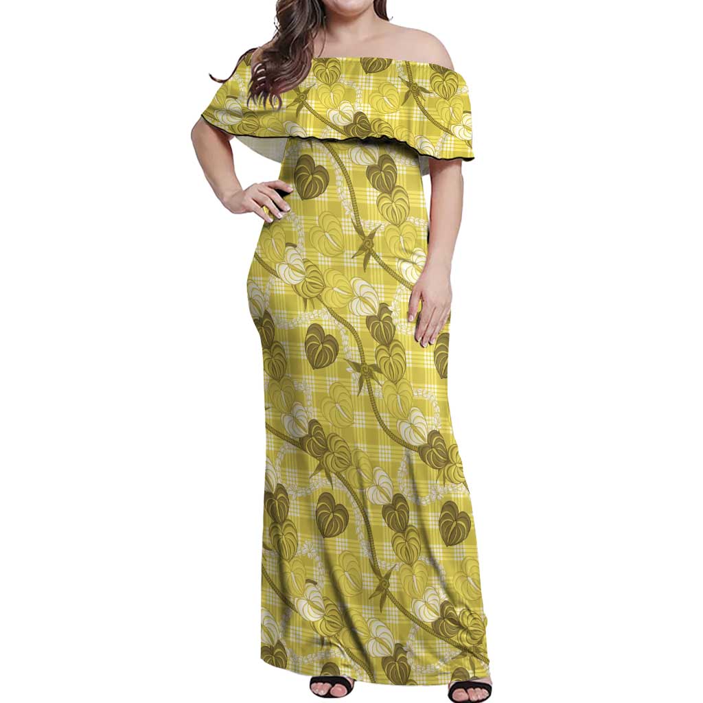 Anthurium Pikake Ti Leaf Palaka Off Shoulder Maxi Dress Yellow Version