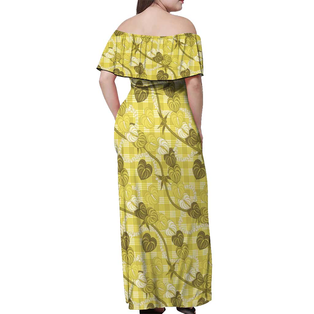 Anthurium Pikake Ti Leaf Palaka Off Shoulder Maxi Dress Yellow Version