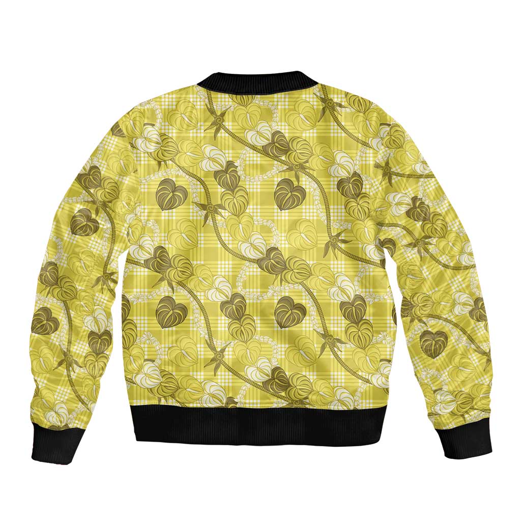 Anthurium Pikake Ti Leaf Palaka Sleeve Zip Bomber Jacket Yellow Version LT01 - Polynesian Pride