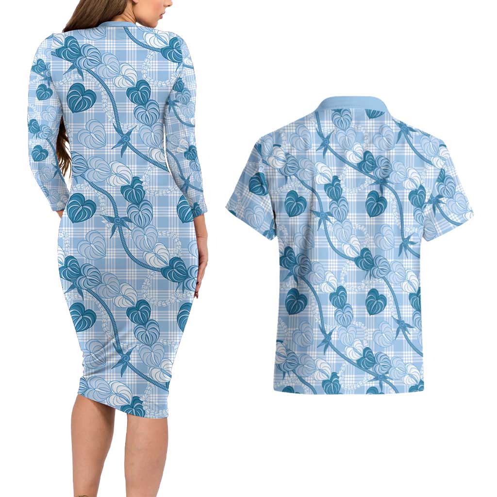 Anthurium Pikake Ti Leaf Palaka Couples Matching Long Sleeve Bodycon Dress and Hawaiian Shirt Blue Version