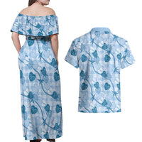 Anthurium Pikake Ti Leaf Palaka Couples Matching Off Shoulder Maxi Dress and Hawaiian Shirt Blue Version