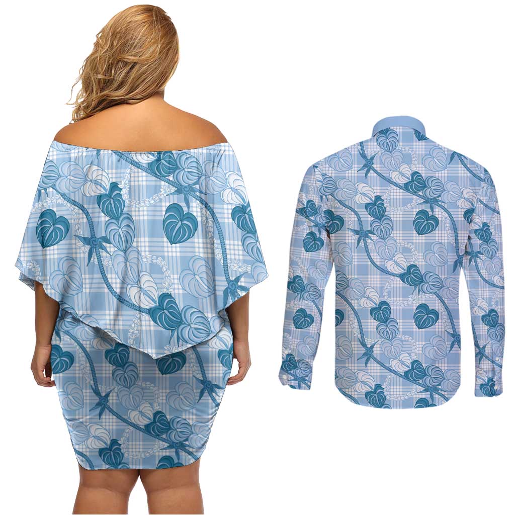 Anthurium Pikake Ti Leaf Palaka Couples Matching Off Shoulder Short Dress and Long Sleeve Button Shirt Blue Version