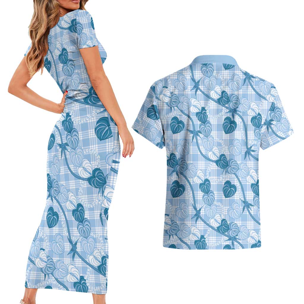 Anthurium Pikake Ti Leaf Palaka Couples Matching Short Sleeve Bodycon Dress and Hawaiian Shirt Blue Version