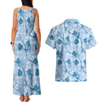 Anthurium Pikake Ti Leaf Palaka Couples Matching Tank Maxi Dress and Hawaiian Shirt Blue Version