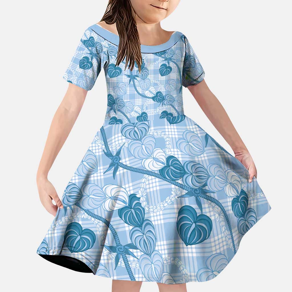Anthurium Pikake Ti Leaf Palaka Family Matching Long Sleeve Bodycon Dress and Hawaiian Shirt Blue Version