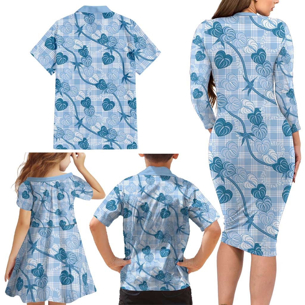 Anthurium Pikake Ti Leaf Palaka Family Matching Long Sleeve Bodycon Dress and Hawaiian Shirt Blue Version