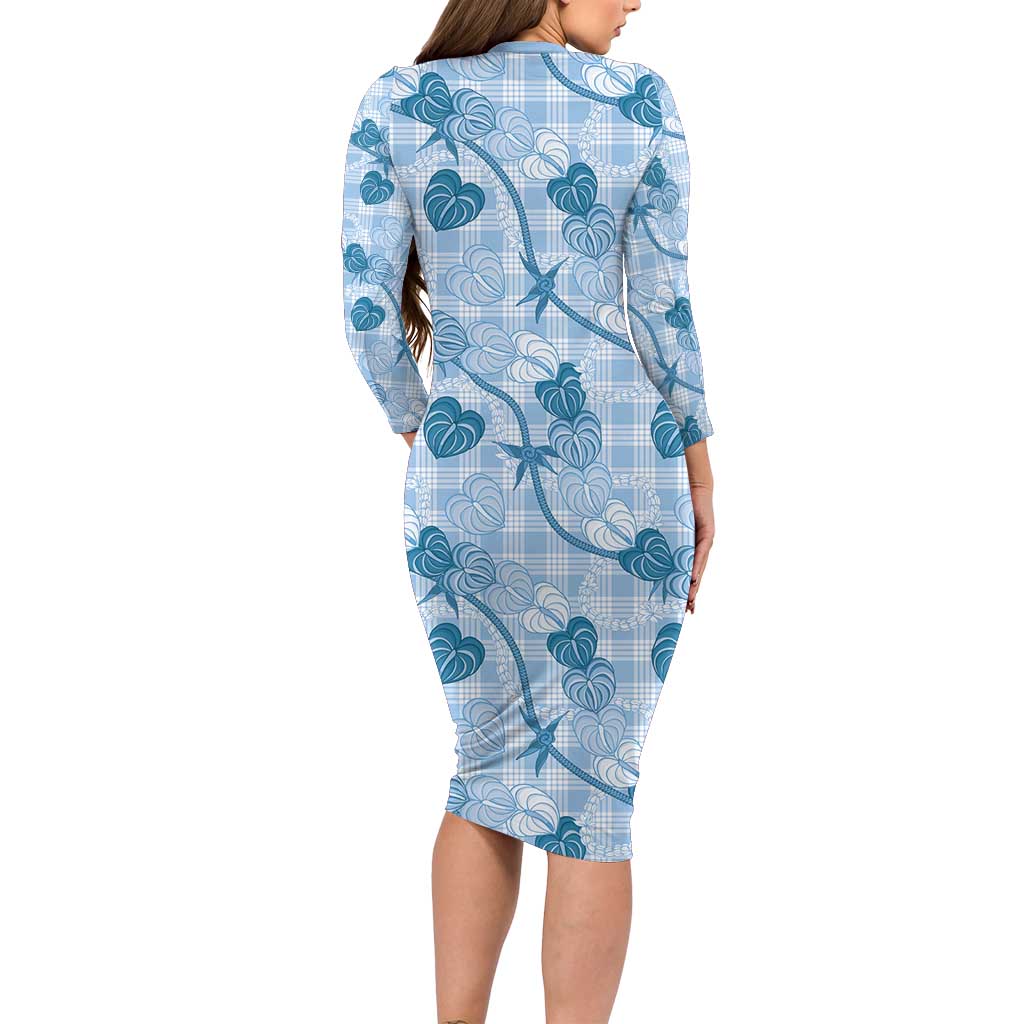 Anthurium Pikake Ti Leaf Palaka Family Matching Long Sleeve Bodycon Dress and Hawaiian Shirt Blue Version