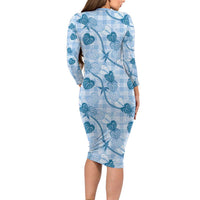 Anthurium Pikake Ti Leaf Palaka Family Matching Long Sleeve Bodycon Dress and Hawaiian Shirt Blue Version