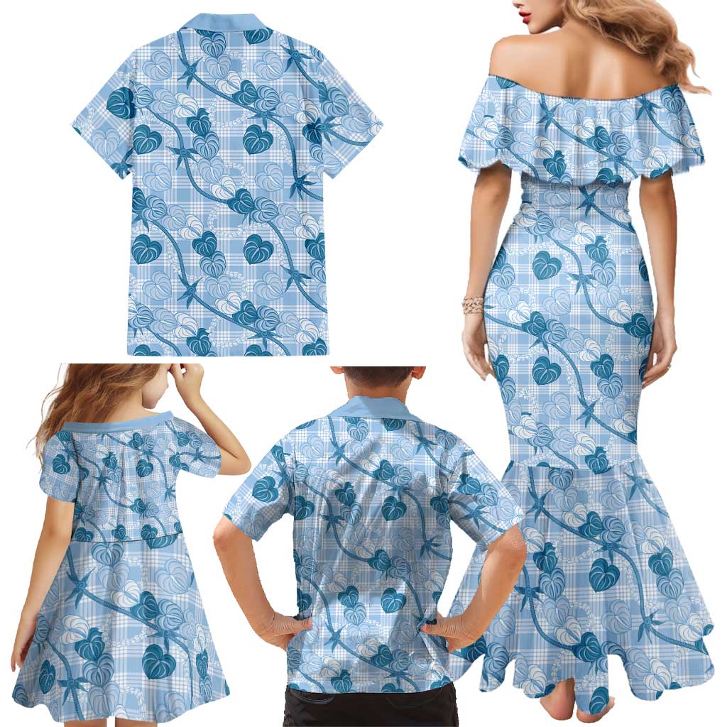 Anthurium Pikake Ti Leaf Palaka Family Matching Mermaid Dress and Hawaiian Shirt Blue Version