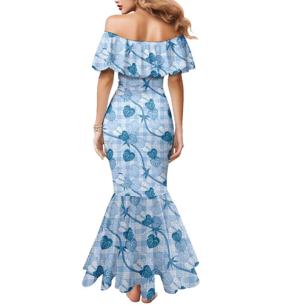 Anthurium Pikake Ti Leaf Palaka Family Matching Mermaid Dress and Hawaiian Shirt Blue Version