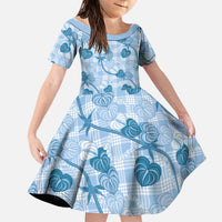 Anthurium Pikake Ti Leaf Palaka Family Matching Off The Shoulder Long Sleeve Dress and Hawaiian Shirt Blue Version