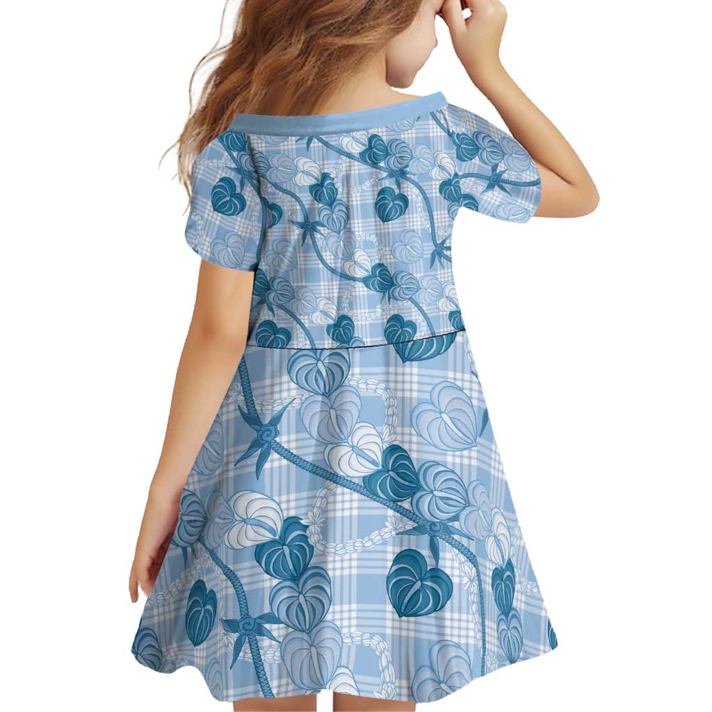 Anthurium Pikake Ti Leaf Palaka Family Matching Off The Shoulder Long Sleeve Dress and Hawaiian Shirt Blue Version