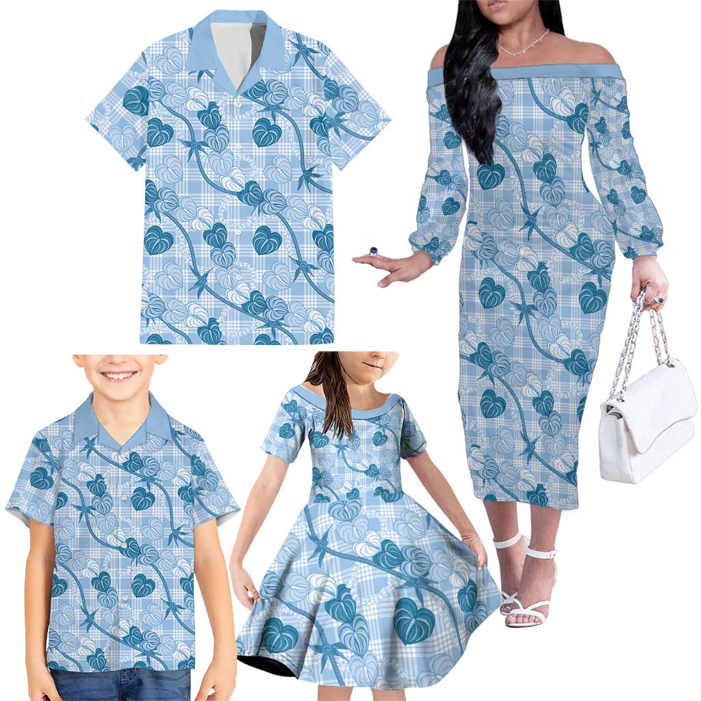 Anthurium Pikake Ti Leaf Palaka Family Matching Off The Shoulder Long Sleeve Dress and Hawaiian Shirt Blue Version
