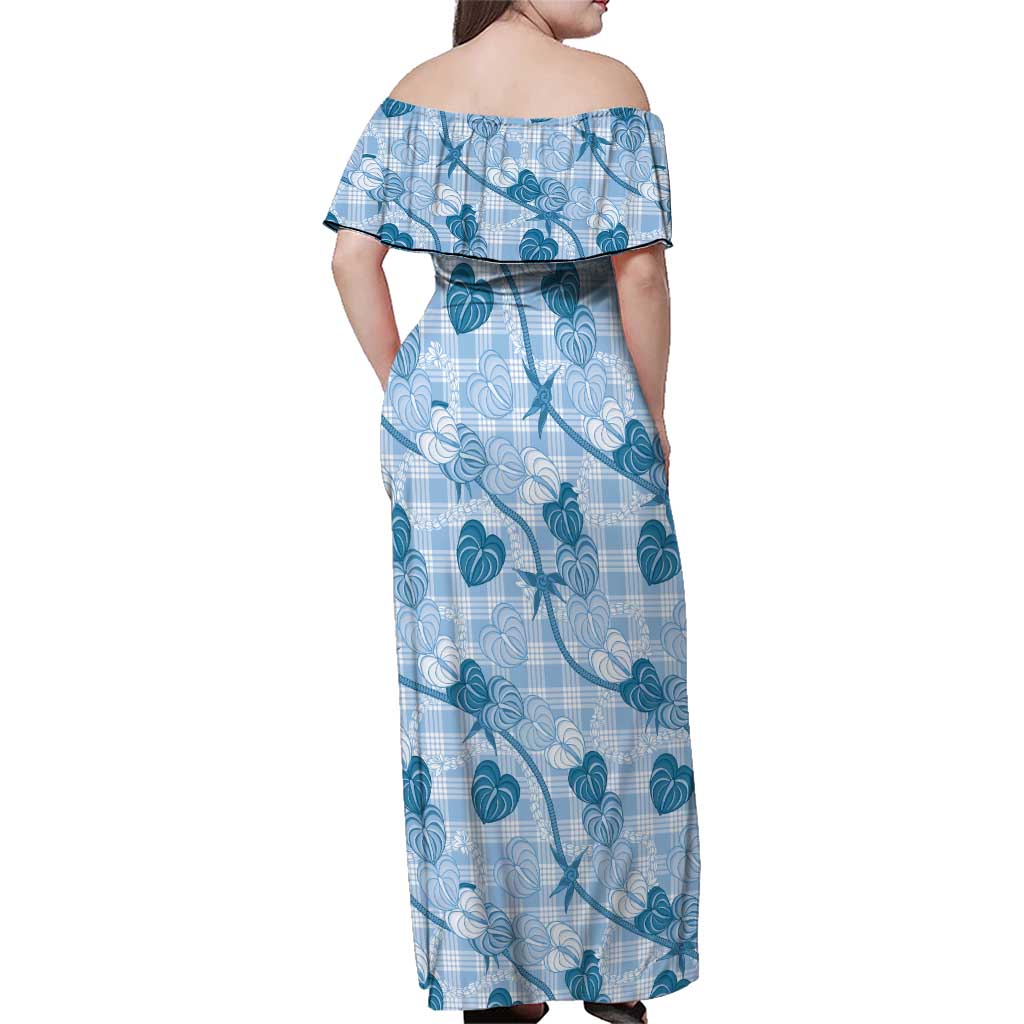 Anthurium Pikake Ti Leaf Palaka Family Matching Off Shoulder Maxi Dress and Hawaiian Shirt Blue Version