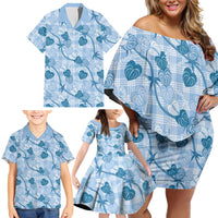 Anthurium Pikake Ti Leaf Palaka Family Matching Off Shoulder Short Dress and Hawaiian Shirt Blue Version