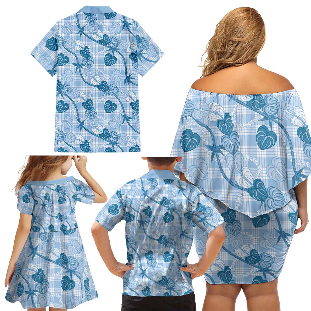 Anthurium Pikake Ti Leaf Palaka Family Matching Off Shoulder Short Dress and Hawaiian Shirt Blue Version