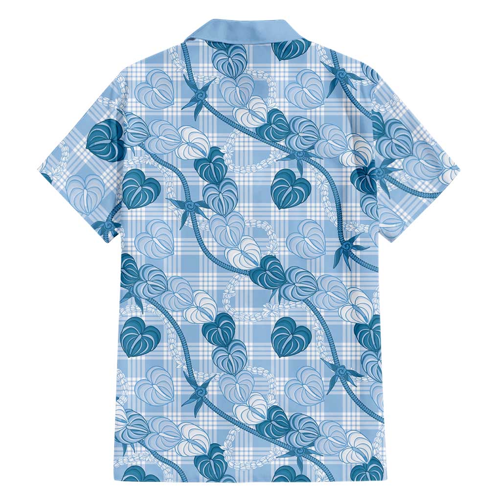 Anthurium Pikake Ti Leaf Palaka Family Matching Off Shoulder Short Dress and Hawaiian Shirt Blue Version