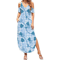 Anthurium Pikake Ti Leaf Palaka Family Matching Summer Maxi Dress and Hawaiian Shirt Blue Version