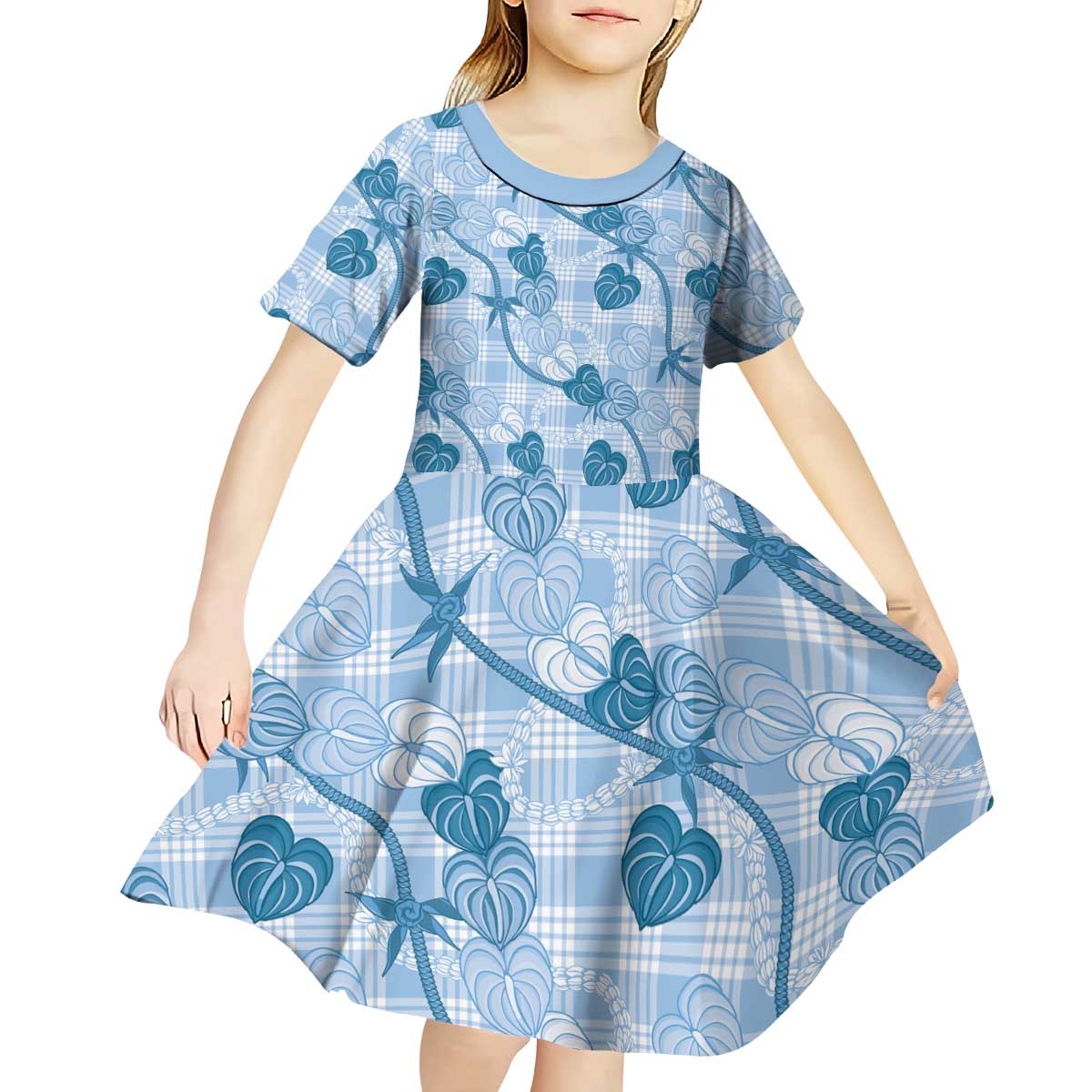 Anthurium Pikake Ti Leaf Palaka Kid Short Sleeve Dress Blue Version