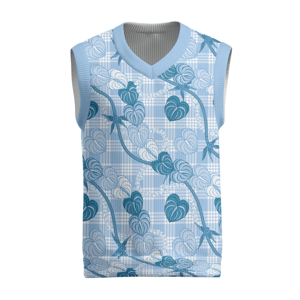 Anthurium Pikake Ti Leaf Palaka Christmas Knitted V-Neck Vest Blue Version LT01 Blue - Polynesian Pride