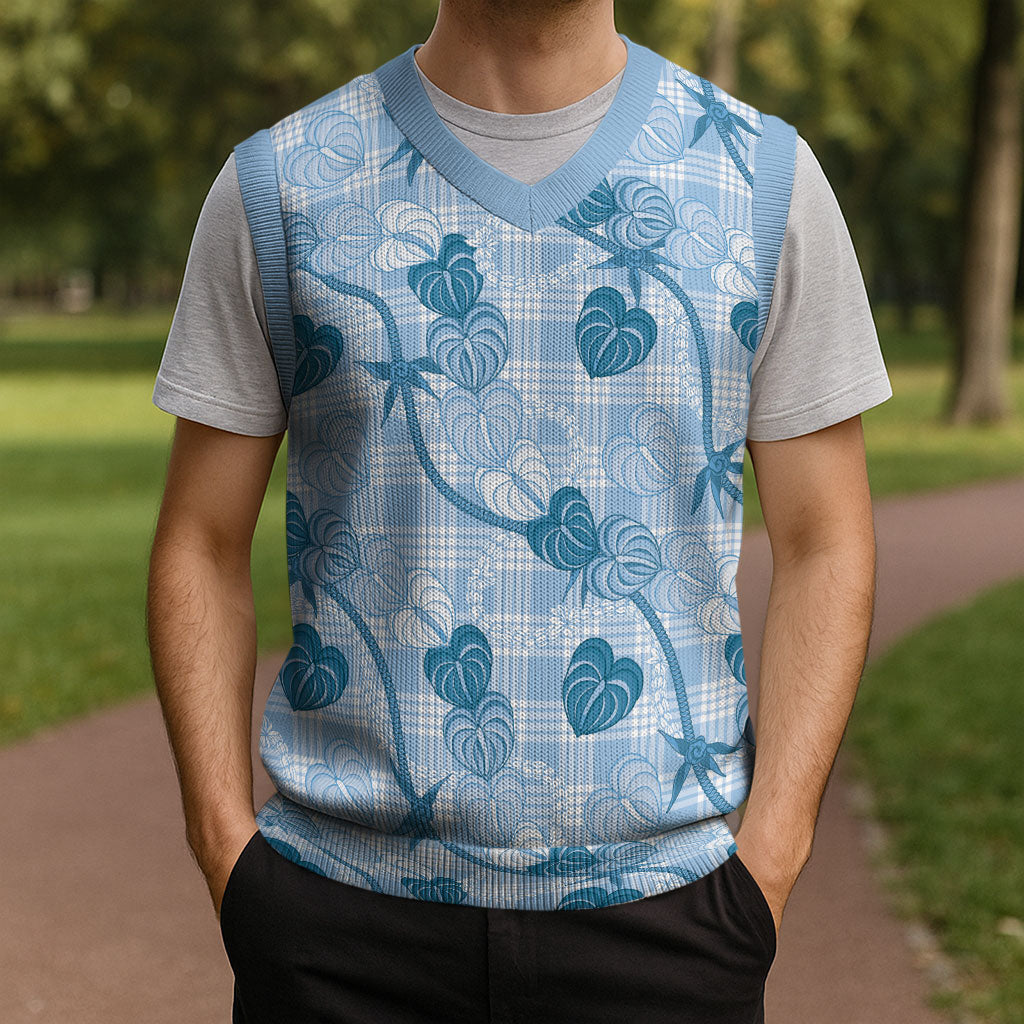 Anthurium Pikake Ti Leaf Palaka Christmas Knitted V-Neck Vest Blue Version LT01 - Polynesian Pride
