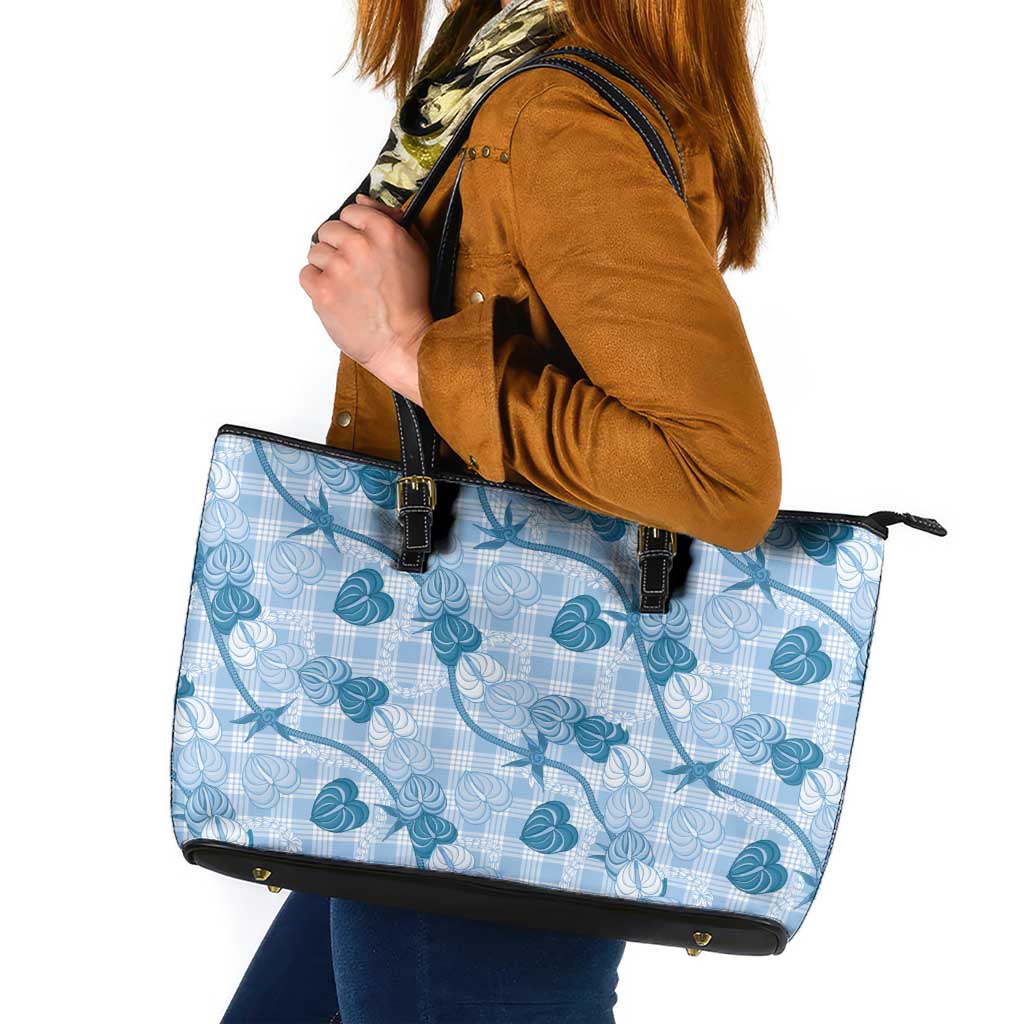 Anthurium Pikake Ti Leaf Palaka Leather Tote Bag Blue Version