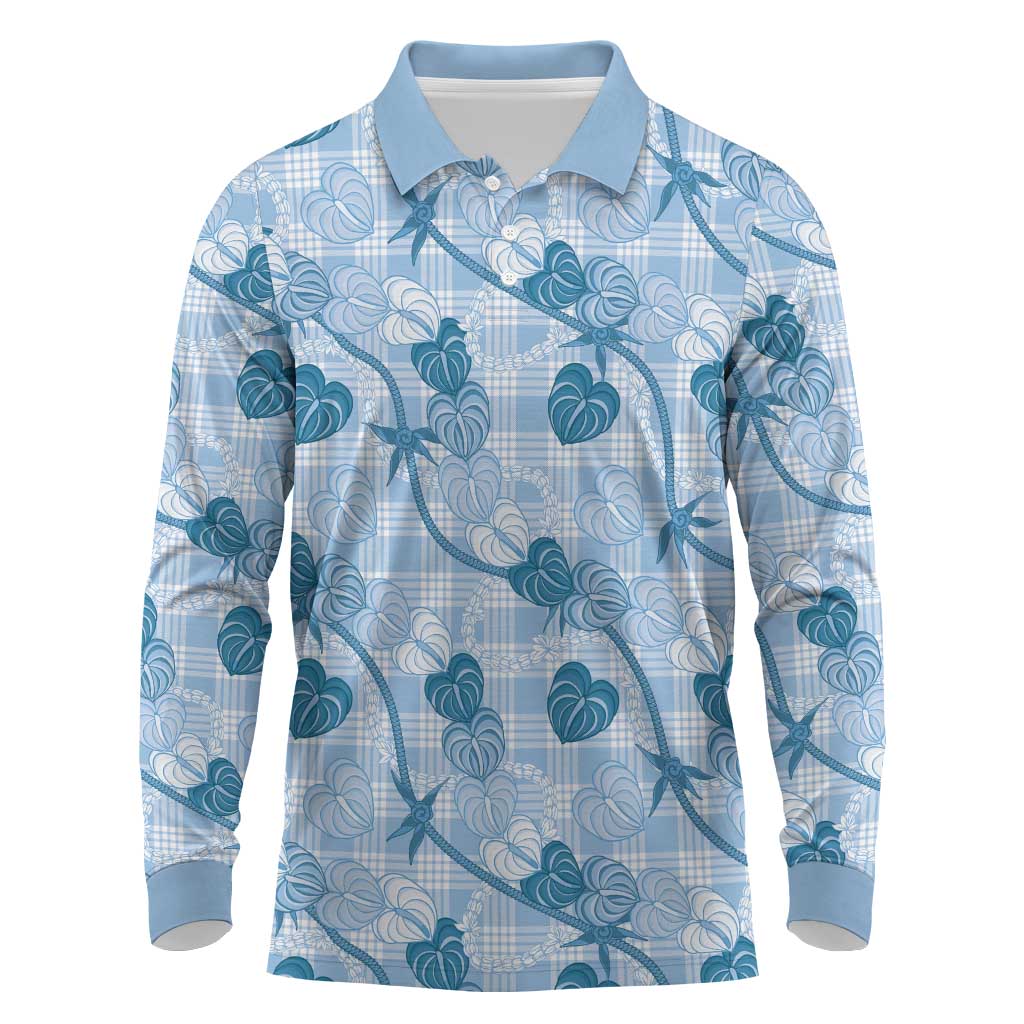 Anthurium Pikake Ti Leaf Palaka Long Sleeve Polo Shirt Blue Version