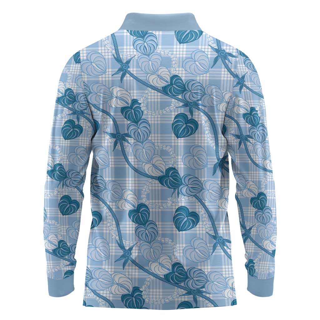 Anthurium Pikake Ti Leaf Palaka Long Sleeve Polo Shirt Blue Version