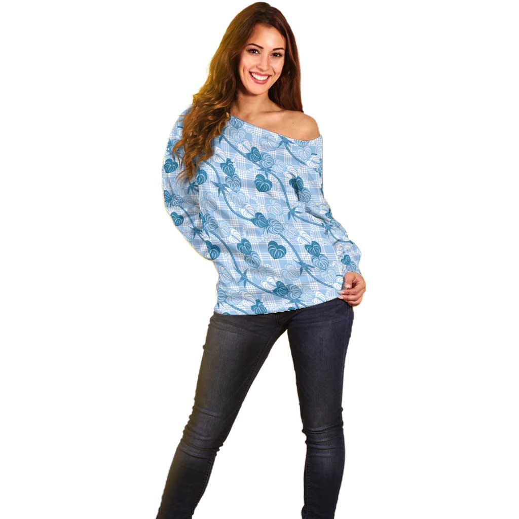 Anthurium Pikake Ti Leaf Palaka Off Shoulder Sweater Blue Version