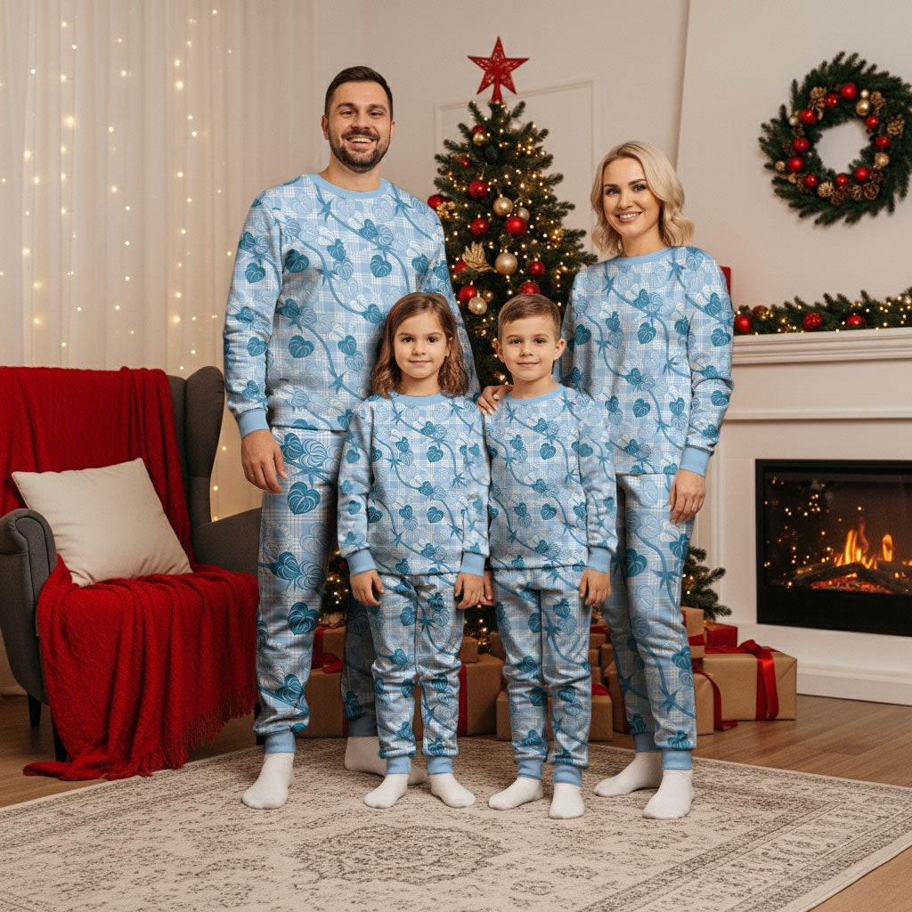 Anthurium Pikake Ti Leaf Palaka Christmas Pajama Set Blue Version LT01 - Polynesian Pride