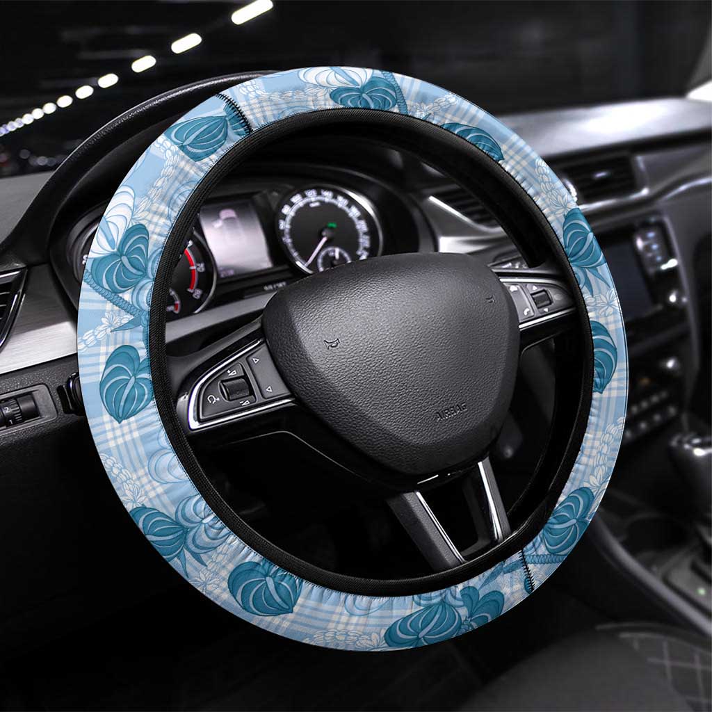 Anthurium Pikake Ti Leaf Palaka Steering Wheel Cover Blue Version LT01 Universal Fit Blue - Polynesian Pride