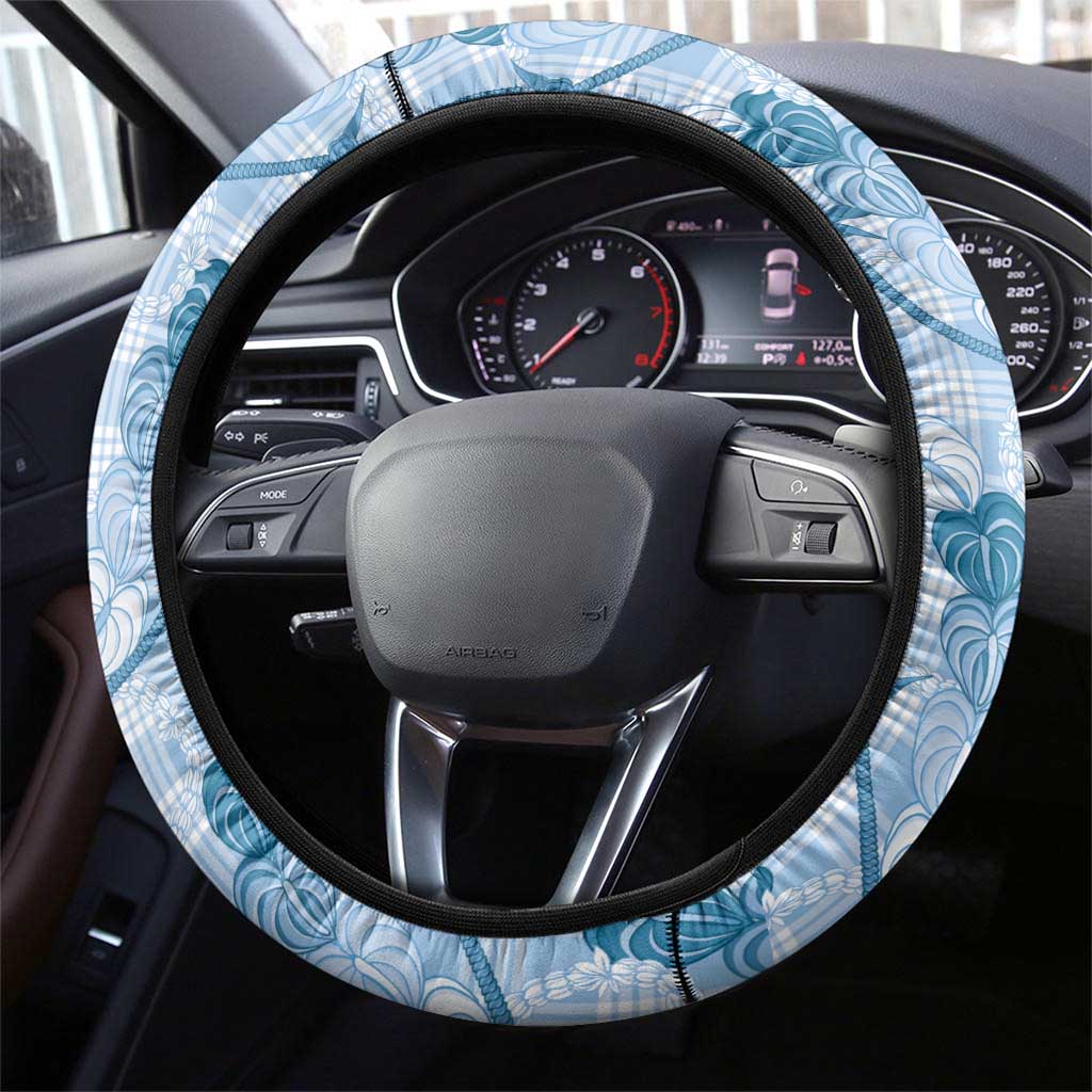 Anthurium Pikake Ti Leaf Palaka Steering Wheel Cover Blue Version LT01 - Polynesian Pride