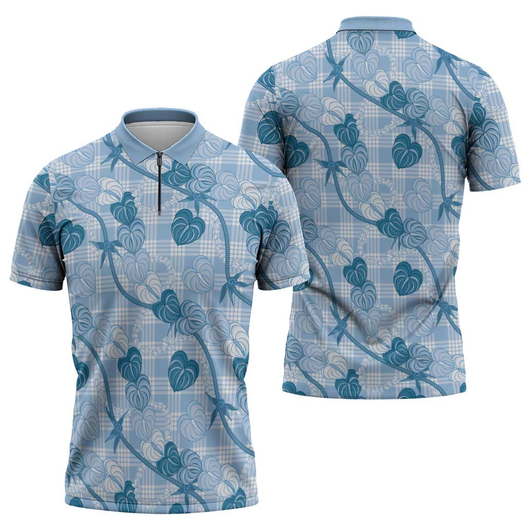 Anthurium Pikake Ti Leaf Palaka Zipper Polo Shirt Blue Version