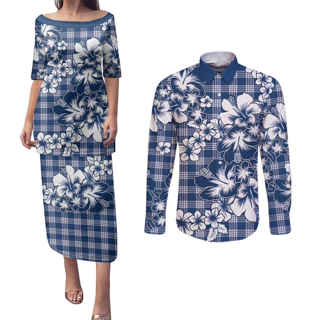 Hibiscus Pakala Cobalt Blue Royal Couples Matching Puletasi and Long Sleeve Button Shirt Tropical Floral Stylized - Polynesian Pride