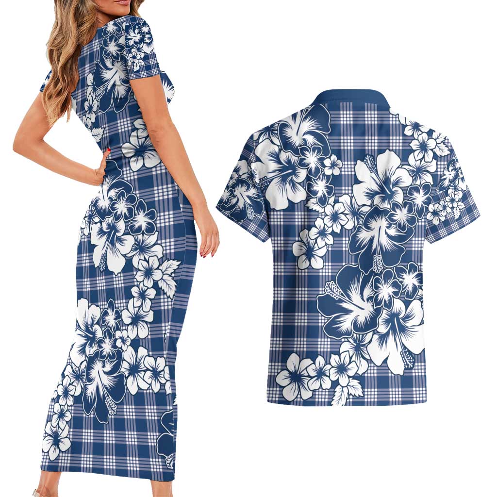 Hibiscus Pakala Cobalt Blue Royal Couples Matching Short Sleeve Bodycon Dress and Hawaiian Shirt Tropical Floral Stylized - Polynesian Pride