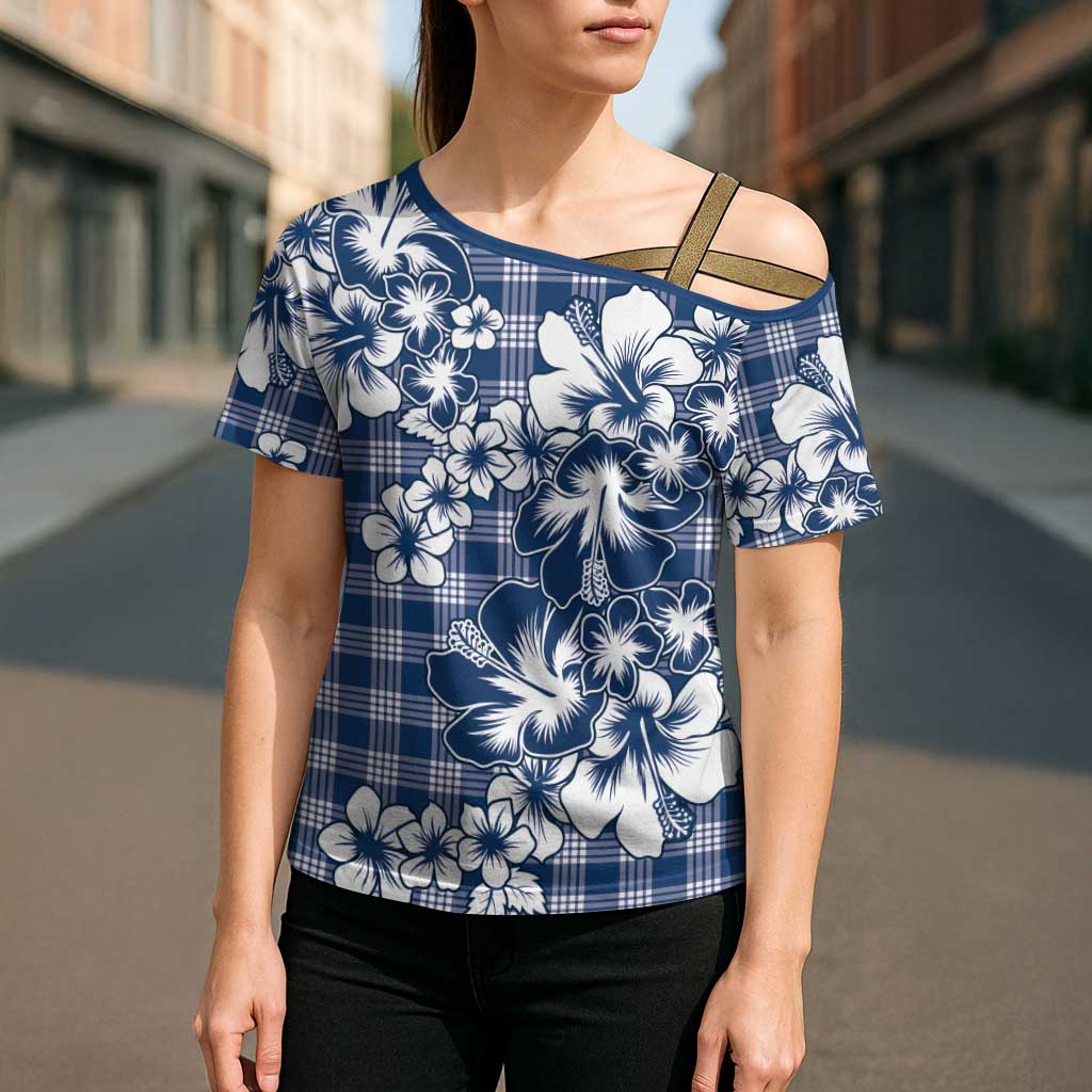 Hibiscus Pakala Cobalt Blue Royal Cross Shoulder Shirt Tropical Floral Stylized - Polynesian Pride