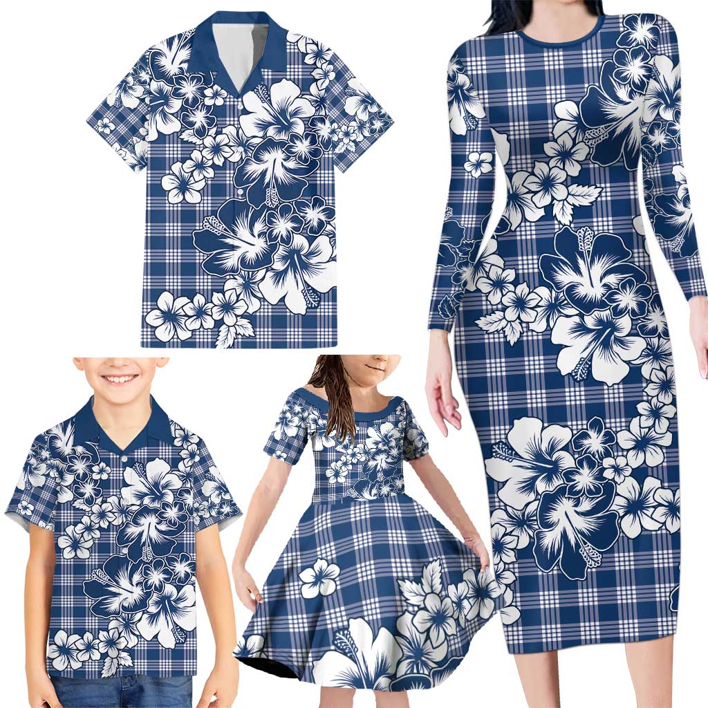 Hibiscus Pakala Cobalt Blue Royal Family Matching Long Sleeve Bodycon Dress and Hawaiian Shirt Tropical Floral Stylized - Polynesian Pride
