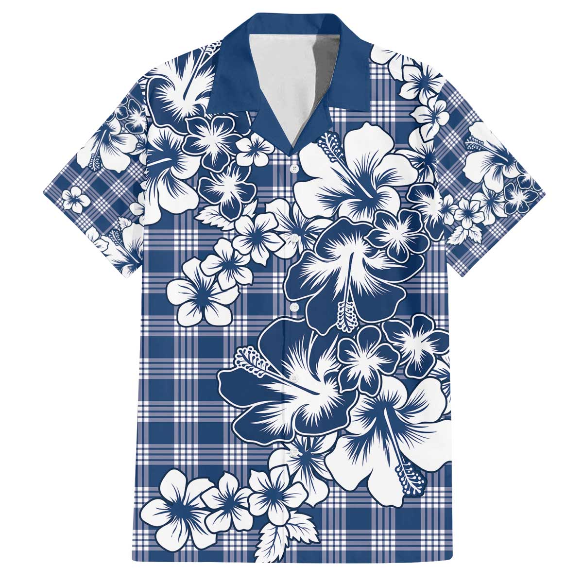 Hibiscus Pakala Cobalt Blue Royal Family Matching Off The Shoulder Long Sleeve Dress and Hawaiian Shirt Tropical Floral Stylized - Polynesian Pride