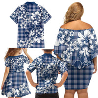 Hibiscus Pakala Cobalt Blue Royal Family Matching Off Shoulder Short Dress and Hawaiian Shirt Tropical Floral Stylized - Polynesian Pride
