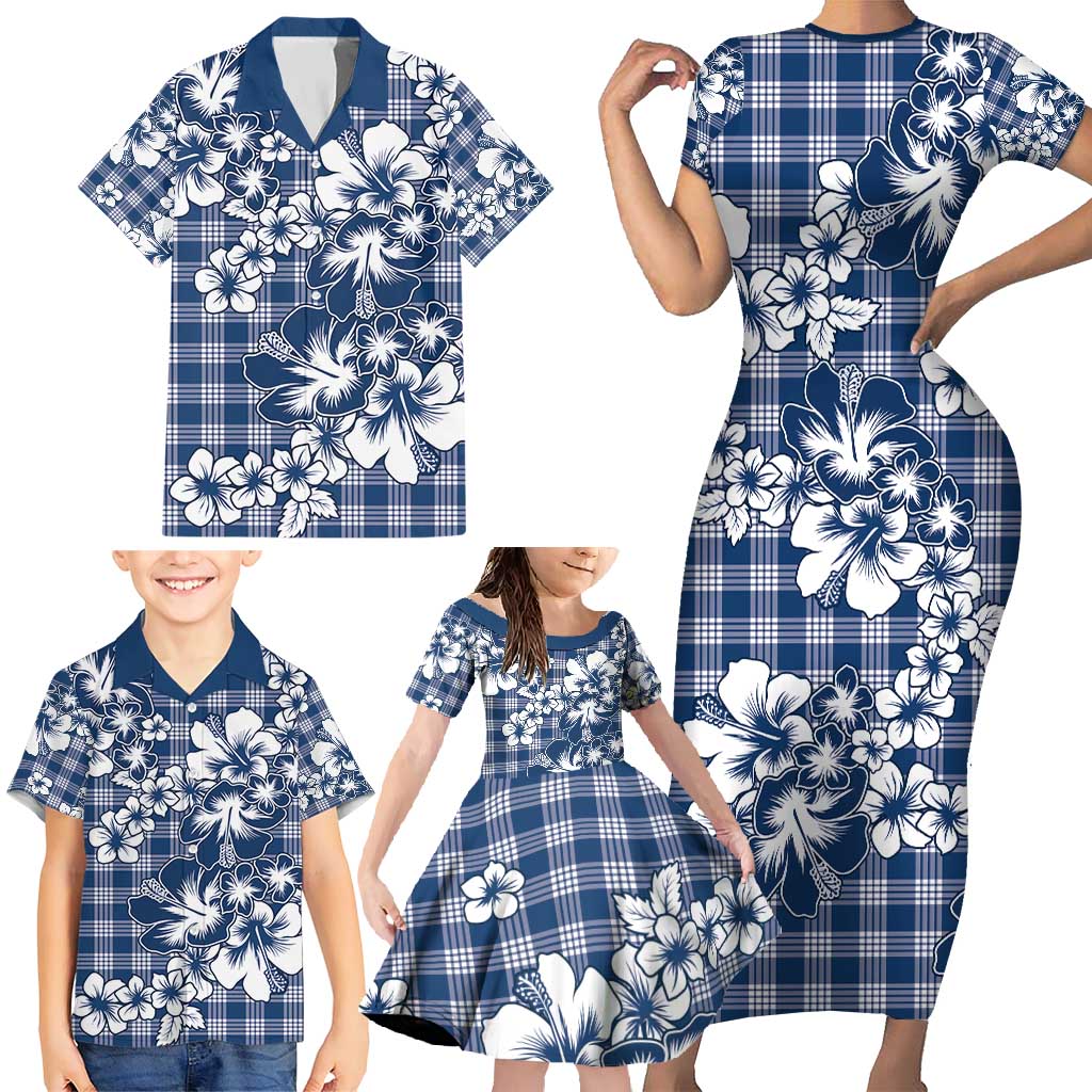 Hibiscus Pakala Cobalt Blue Royal Family Matching Short Sleeve Bodycon Dress and Hawaiian Shirt Tropical Floral Stylized - Polynesian Pride
