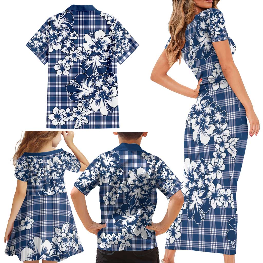 Hibiscus Pakala Cobalt Blue Royal Family Matching Short Sleeve Bodycon Dress and Hawaiian Shirt Tropical Floral Stylized - Polynesian Pride