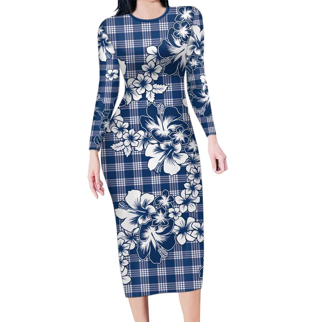 Hibiscus Pakala Cobalt Blue Royal Long Sleeve Bodycon Dress Tropical Floral Stylized - Polynesian Pride