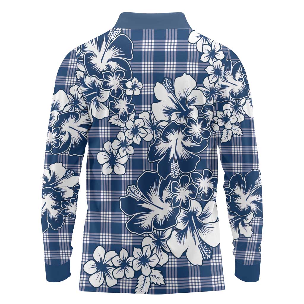 Hibiscus Pakala Cobalt Blue Royal Long Sleeve Polo Shirt Tropical Floral Stylized - Polynesian Pride