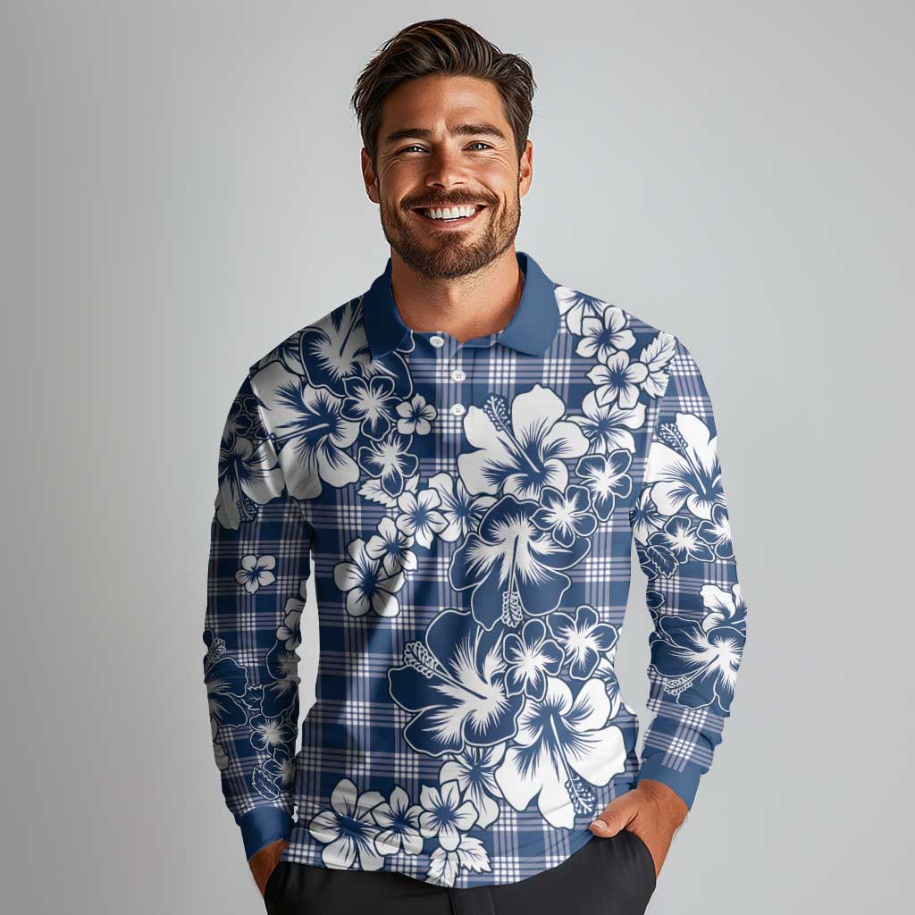 Hibiscus Pakala Cobalt Blue Royal Long Sleeve Polo Shirt Tropical Floral Stylized - Polynesian Pride