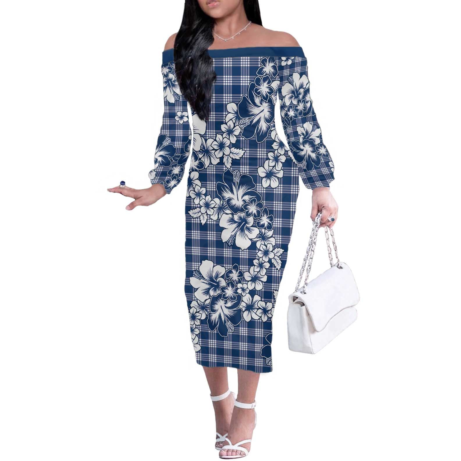 Hibiscus Pakala Cobalt Blue Royal Off The Shoulder Long Sleeve Dress Tropical Floral Stylized - Polynesian Pride