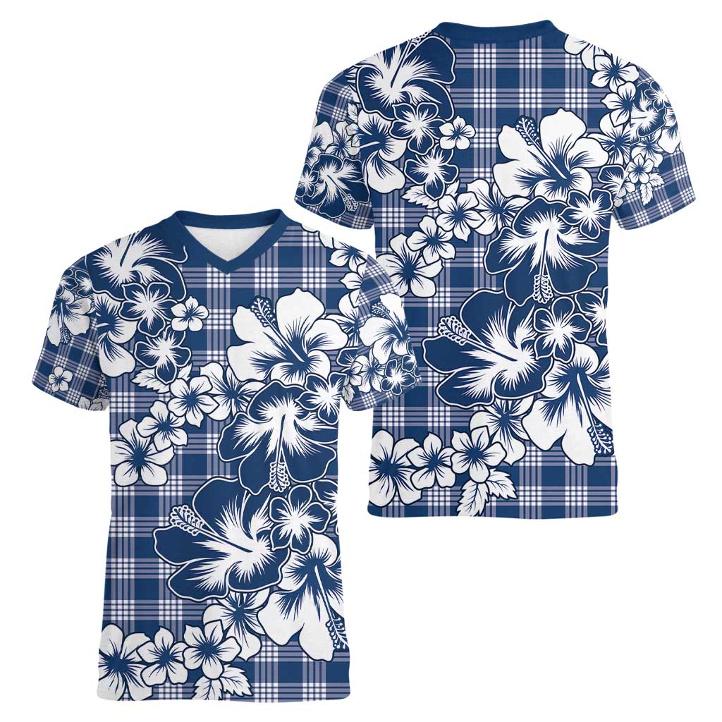 Hibiscus Pakala Cobalt Blue Royal Women V-Neck T-Shirt Tropical Floral Stylized - Polynesian Pride