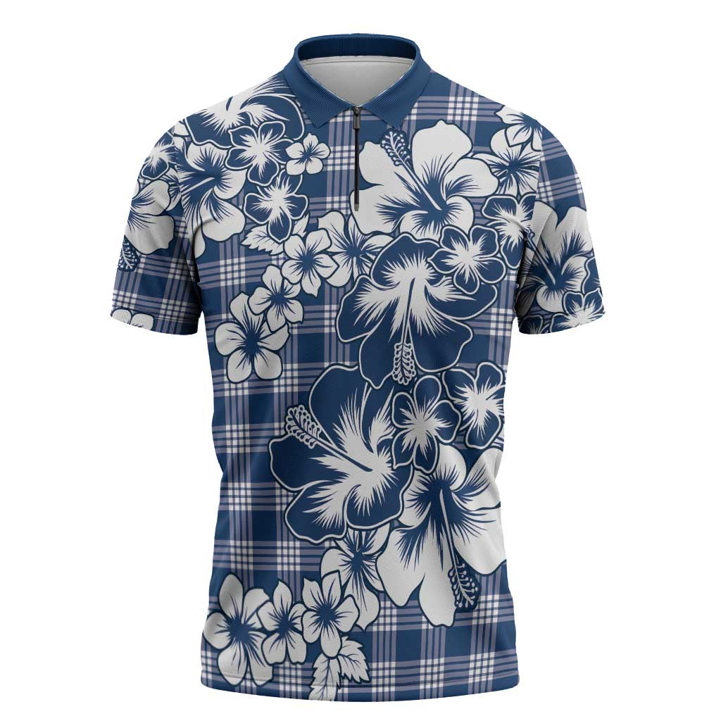 Hibiscus Pakala Cobalt Blue Royal Zipper Polo Shirt Tropical Floral Stylized - Polynesian Pride