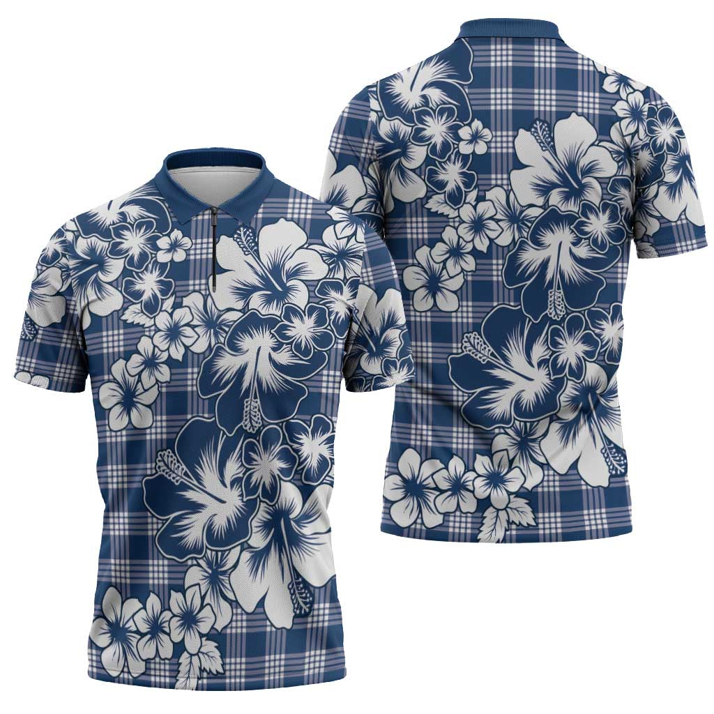 Hibiscus Pakala Cobalt Blue Royal Zipper Polo Shirt Tropical Floral Stylized - Polynesian Pride