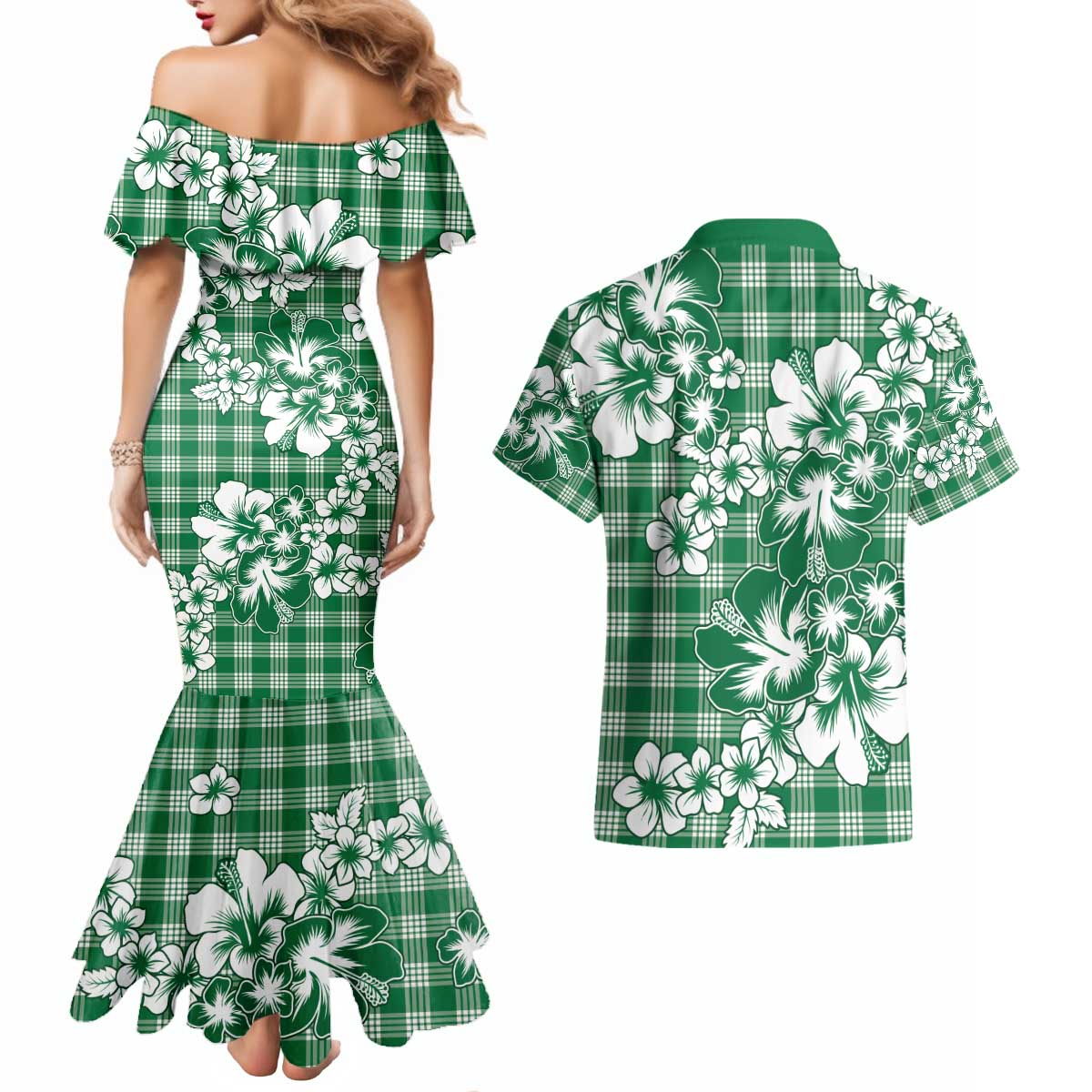 Hibiscus Pakala Emerald Green Couples Matching Mermaid Dress and Hawaiian Shirt Tropical Floral Stylized - Polynesian Pride
